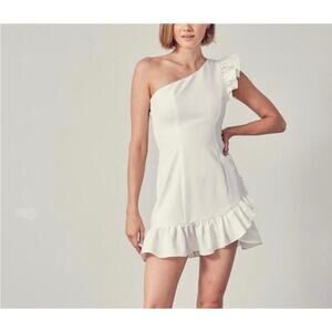 DO + BE White Ruffled One Sleeve Asymmetrical Mini Dress Small